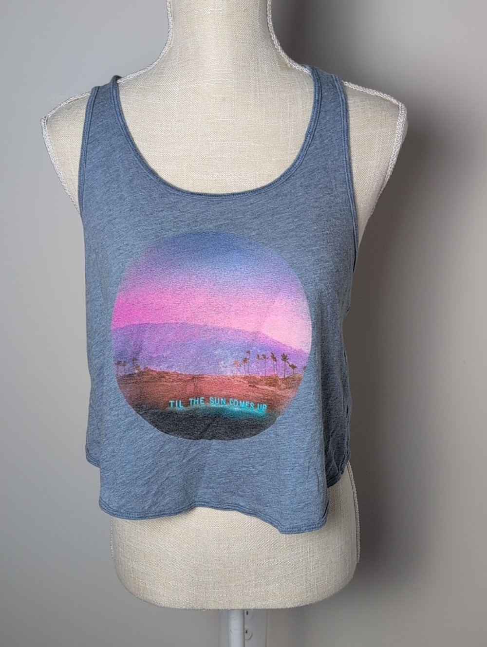 Hollister Blue Crop Tank with Pink & Purple Sunset Graphic